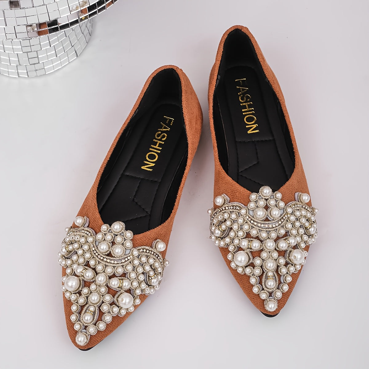 Women's slip-on flats with faux pearl and rhinestone accents, lightweight pointed toe shoes for all seasons, comfortable and casual.