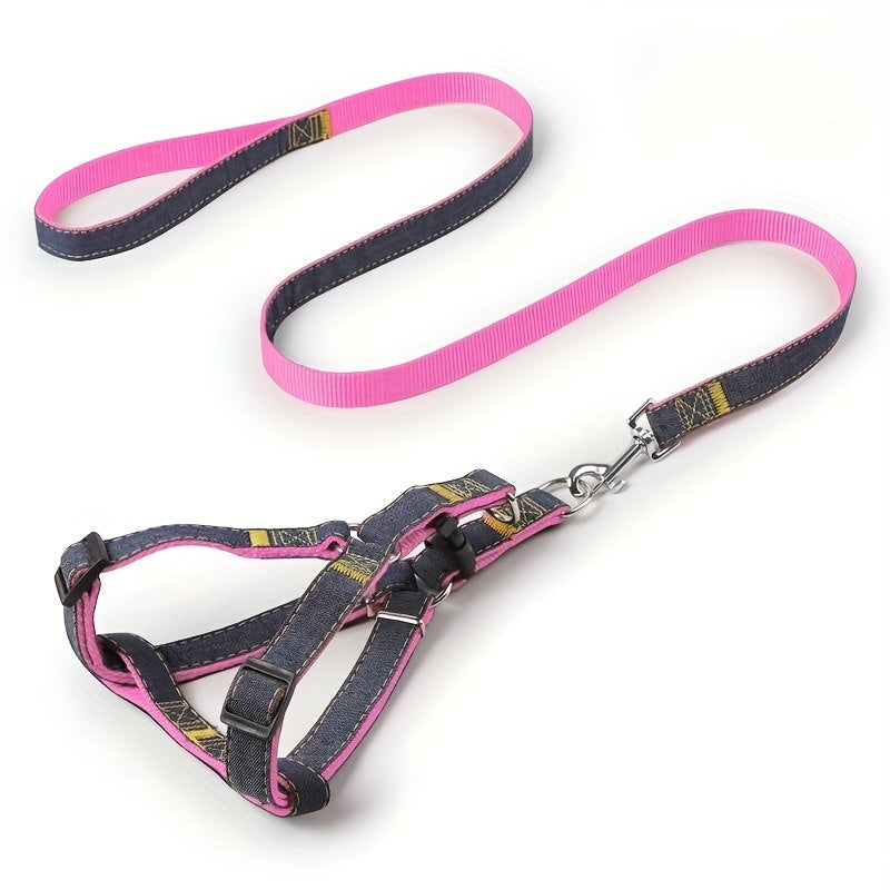 Adjustable and comfortable denim dog harness and leash set for small to large breeds made of durable polyester material.