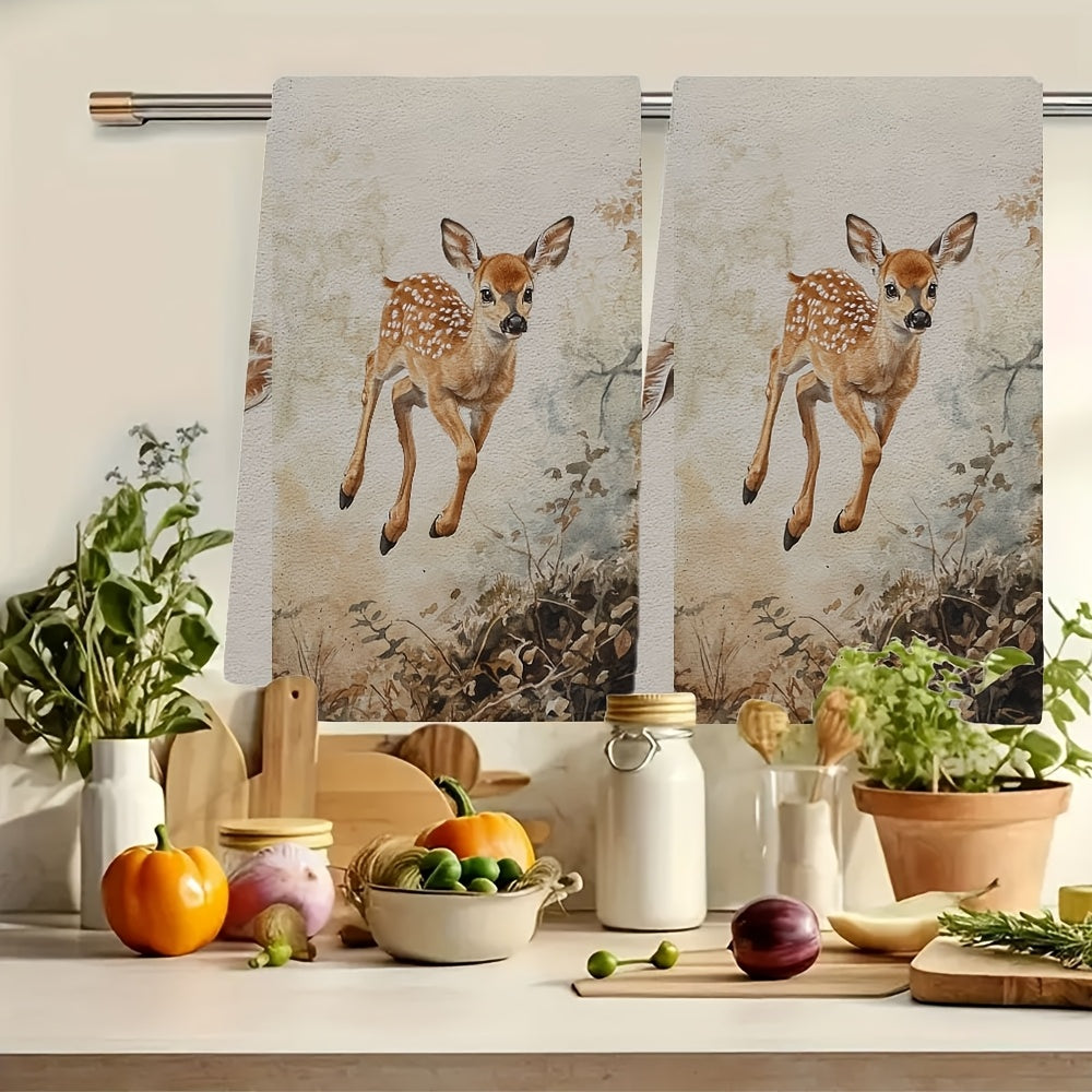 This set includes 2 ultra-soft kitchen towels showcasing a young fawn joyfully exploring its surroundings. These highly absorbent dish towels are ideal for holiday decor, can be easily washed in a machine, and measure 40.64X60.96 cm.