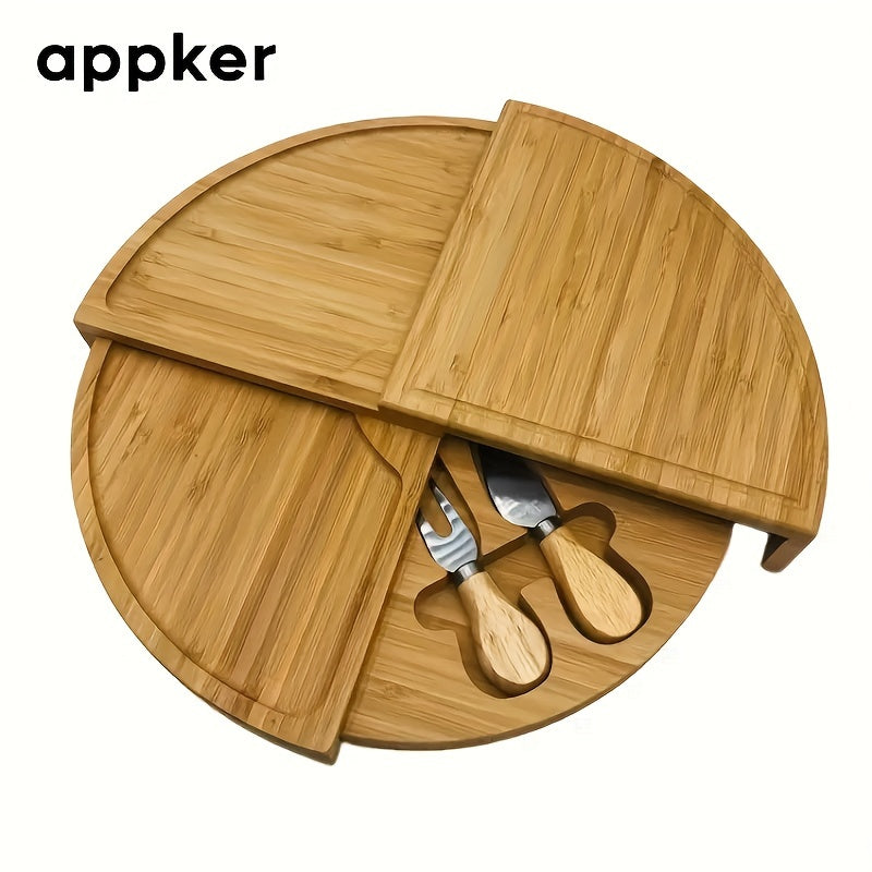 Appker Bamboo Cheese Board Set includes Cheese Knife and Wooden Charcuterie Board with Rotating Serving Platter for Appetizers, Food Safe Kitchen Accessory with Cheese Tools