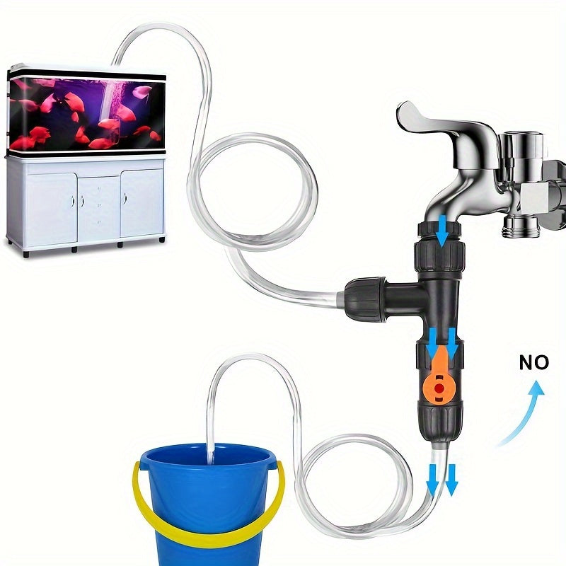 Aquarium water changer with diverter faucet connector and cleaning tools.