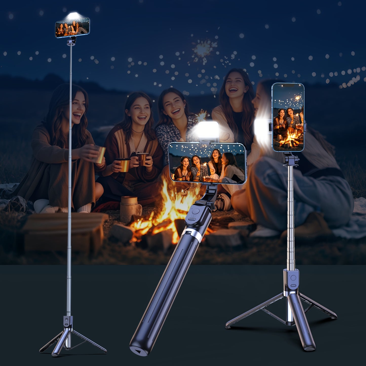 A versatile camera with selfie pole and tripod for travel, live broadcasting, and video recording.