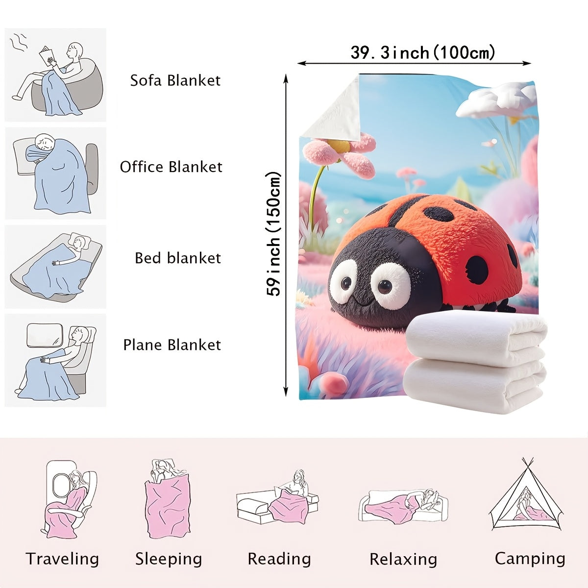 Modern Ladybug Design Plush Throw Blanket - Versatile All-Season Knit Blanket for Home and Travel - Made of Soft Polyester, Easy to Clean and Perfect Gift for Kids