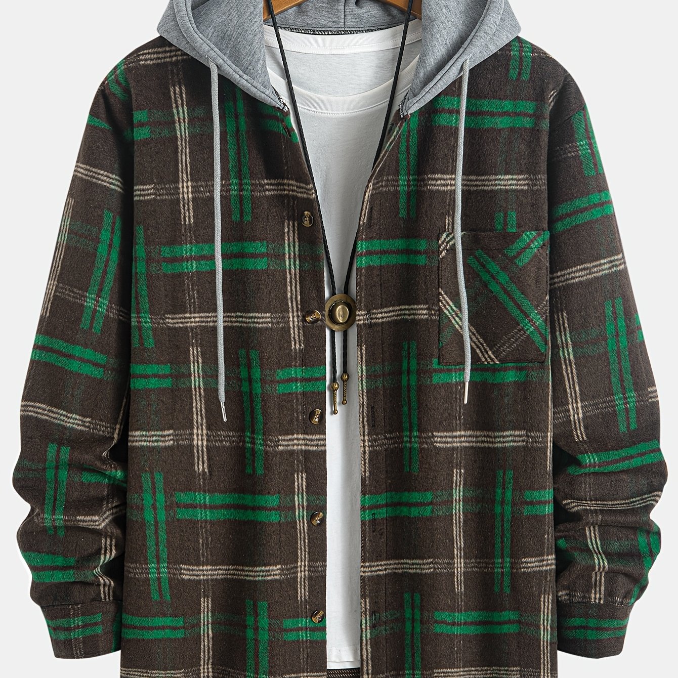 Stylish and versatile men's plus-size jacket with a Harajuku-inspired plaid pattern, faux two-piece design, and color-blocking. Perfect for everyday wear.