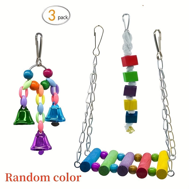 Bird toy set with swing, climbing ladder, stairs, colorful bells, and chew toys for small and medium parrots to relieve boredom and provide educational training. Available in sets of 3, 5