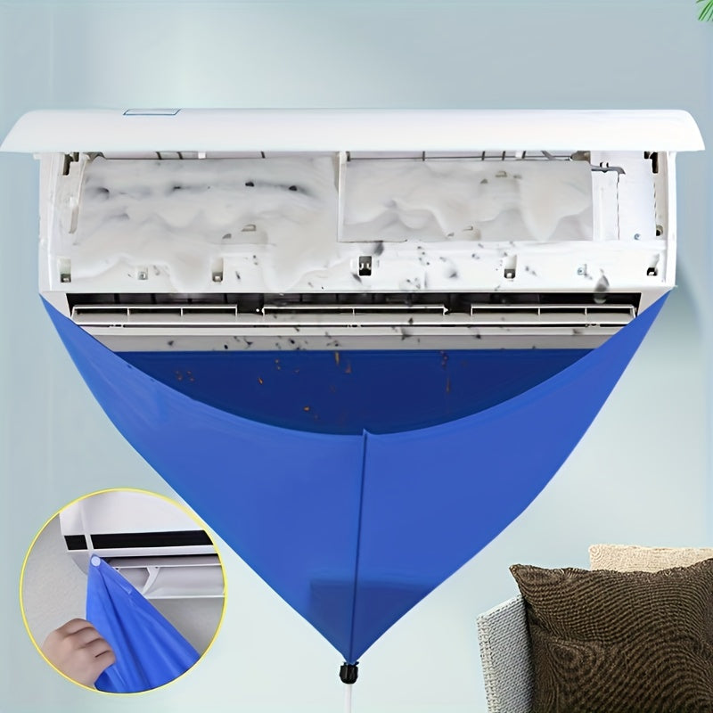 Reusable, self-adhesive protective bag for AC maintenance and washing with water pipe, designed for wall-mounted air conditioners. Blue cover is waterproof and easy to clean.