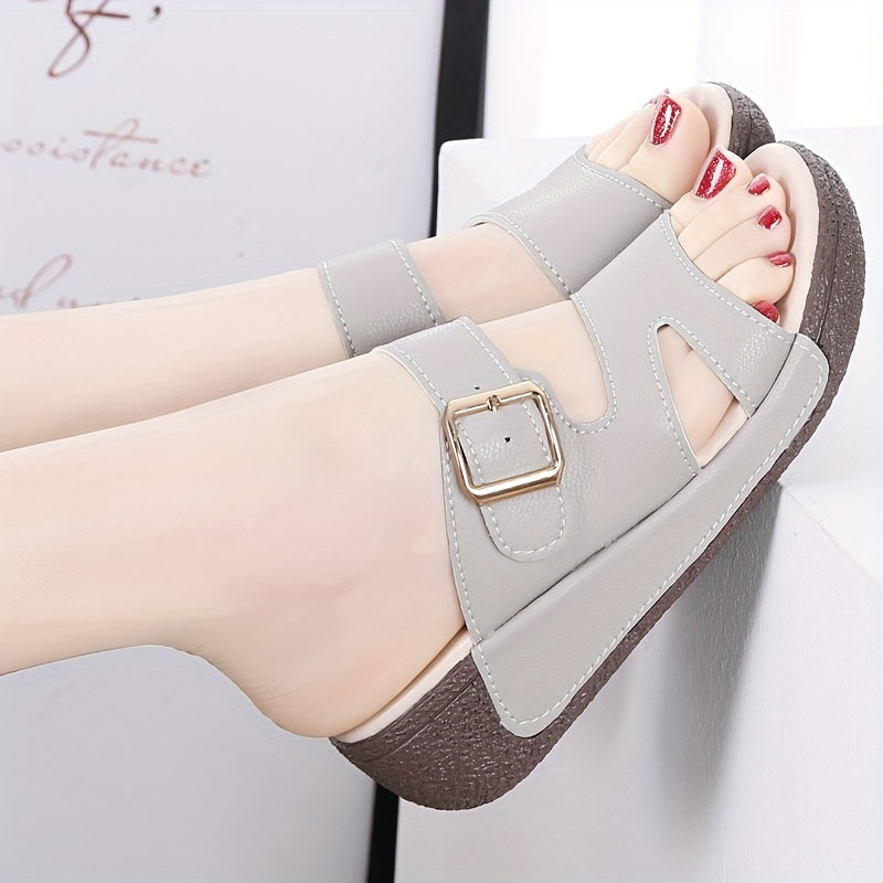 Women's comfy wedge slides in gray with brown sole, double buckle straps, open toe, faux platforms. Easy slip-on, washable for all seasons.