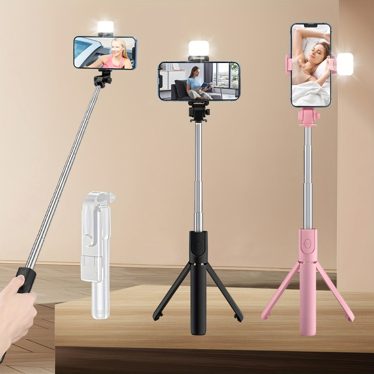 Universal selfie stick with tripod, wireless remote, ring light, built-in battery for live streaming and recording videos.