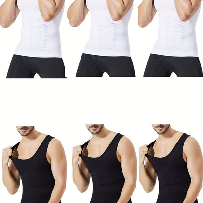 Men's Thermal Compression Tank Top for Abdomen Slimming, Sleeveless, Casual Style, Hand Washable, High-Stretch Nylon Fabric.