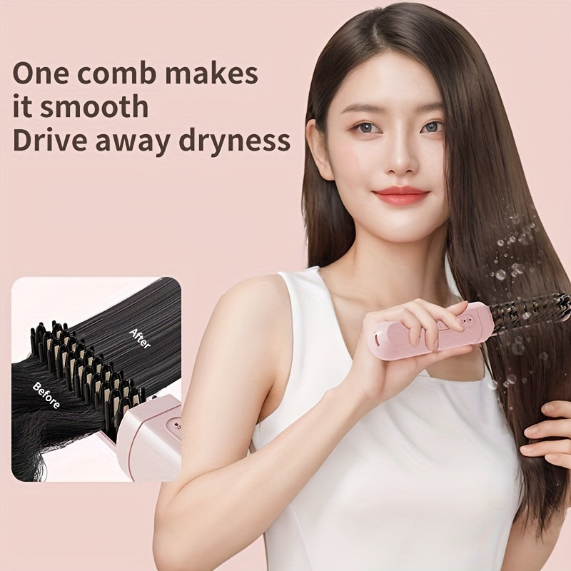 Portable wireless hair straightening brush with USB rechargeable lithium battery, anti-scald technology, wet/dry use, and negative ion feature - perfect for home, travel, and outdoor use.