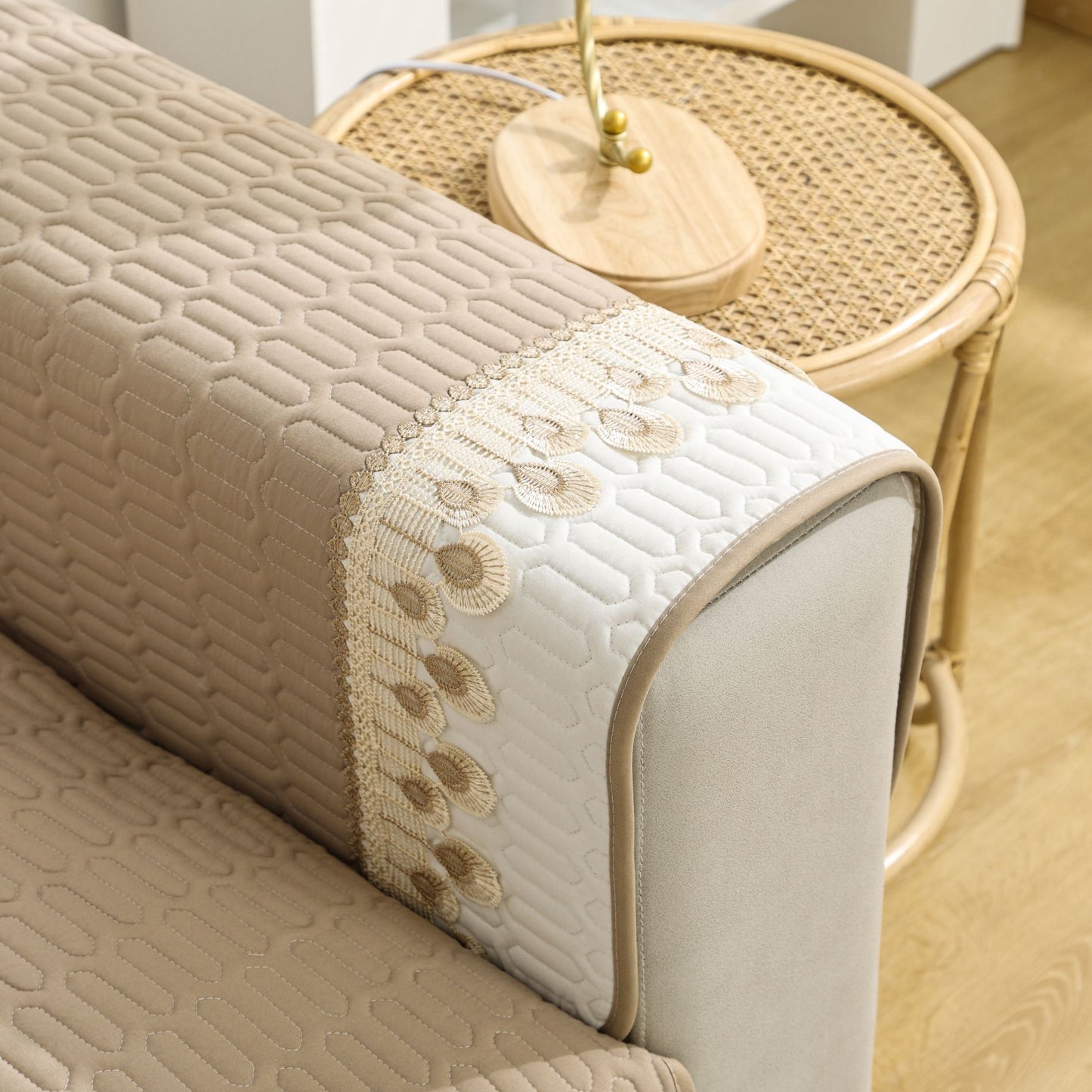 Enhance your sofa with a chic 27*27 feather lace decorative quilted cover for the back and armrest.