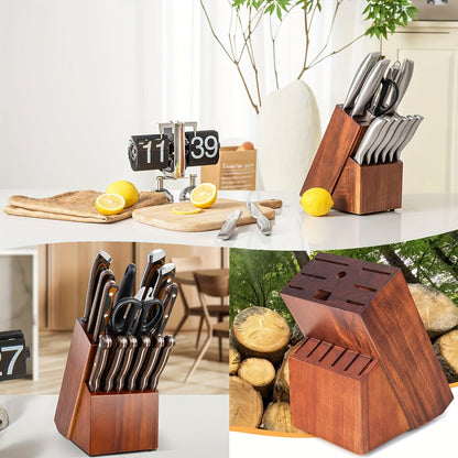 The perfect gift for any occasion - Acacia Wood Knife Block with 14 slots to hold all your essential knives including 6 steak knives, chef knife, bread knife, santoku knife, utility knife, and even space for knife sharpening and scissors. This countertop