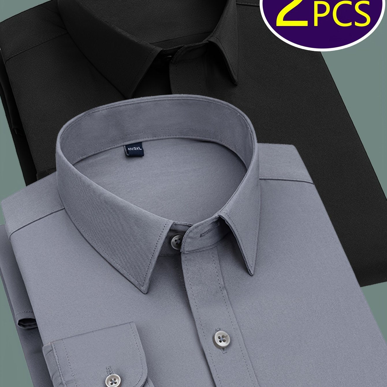 2 Men's work style polyester dress shirts in solid colors, regular fit with button details and lapel collar.