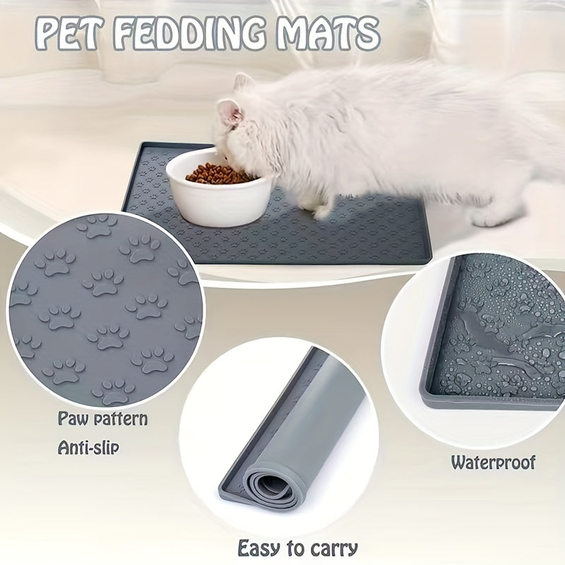 Silicone pet food mat with raised edge.