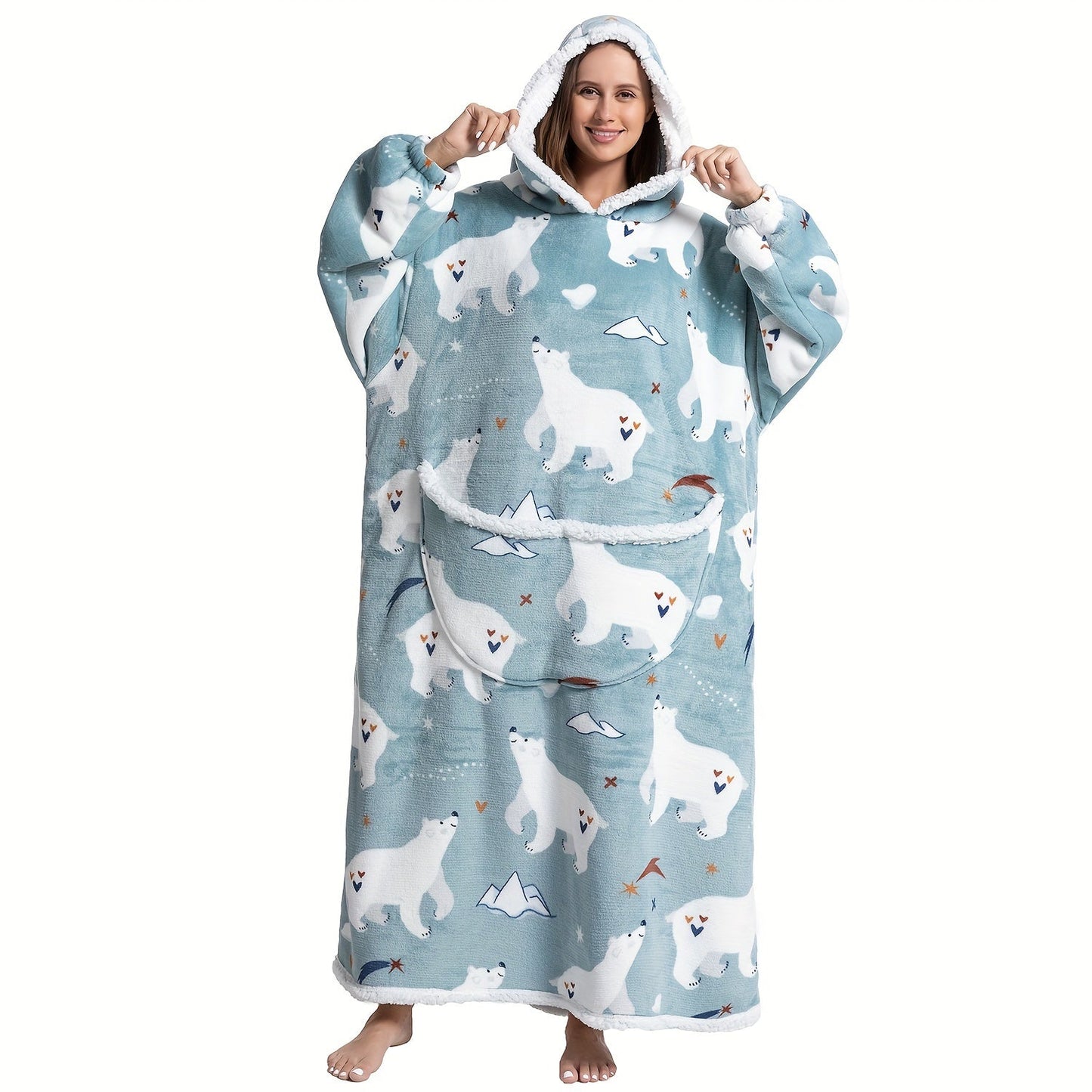 Stay warm and cozy in this Extra Long Wearable Blanket Hoodie featuring a Preppy Style Oversized Flannel design with Animal Print for Adults. Made with Polyester Knit Fabric, this Hand Wash Only Cozy Giant Hoodie is perfect for those chilly nights. 1pc