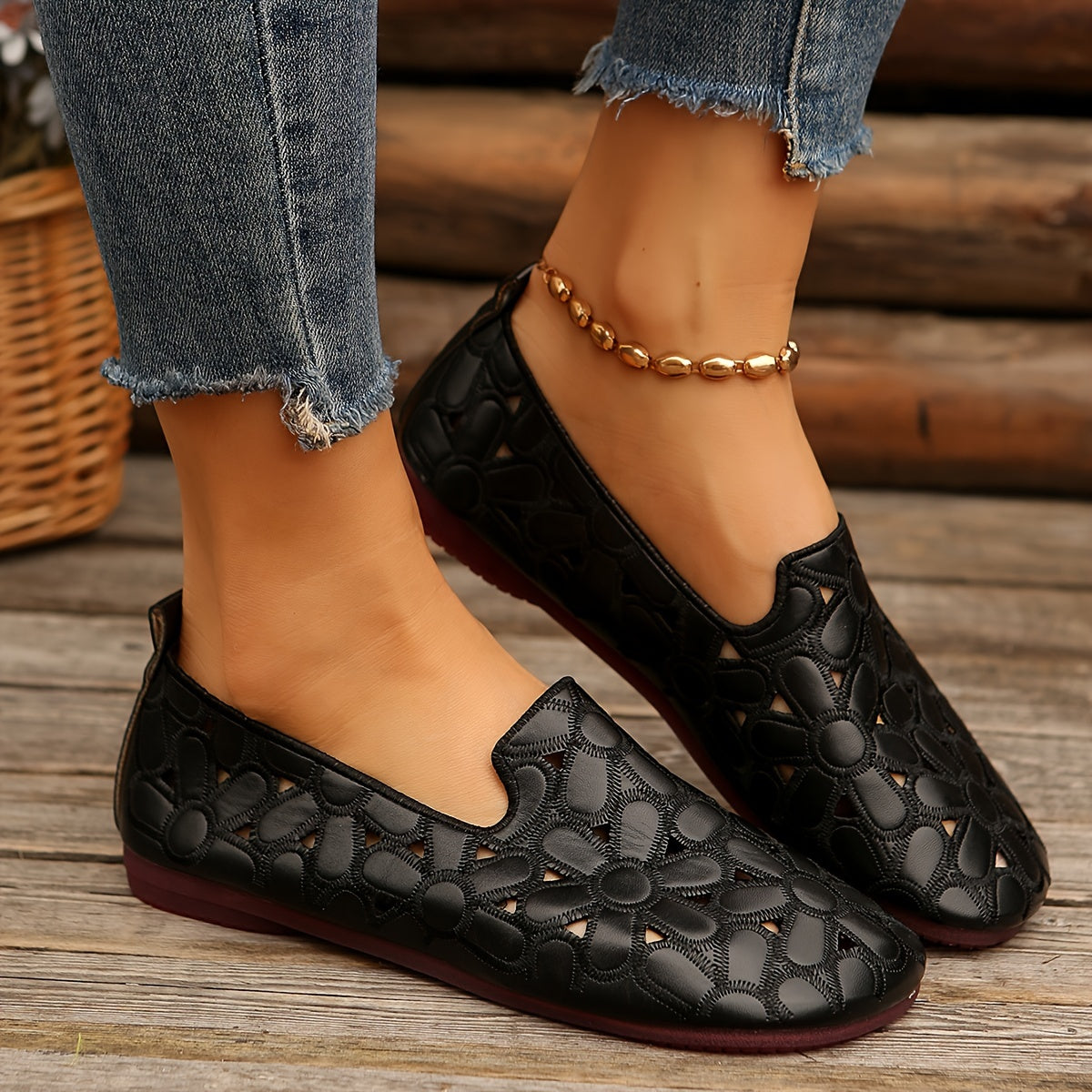 Stylish women's slip-on flats feature embroidered flowers, faux leather, breathable hollow design, and soft sole for year-round wear.