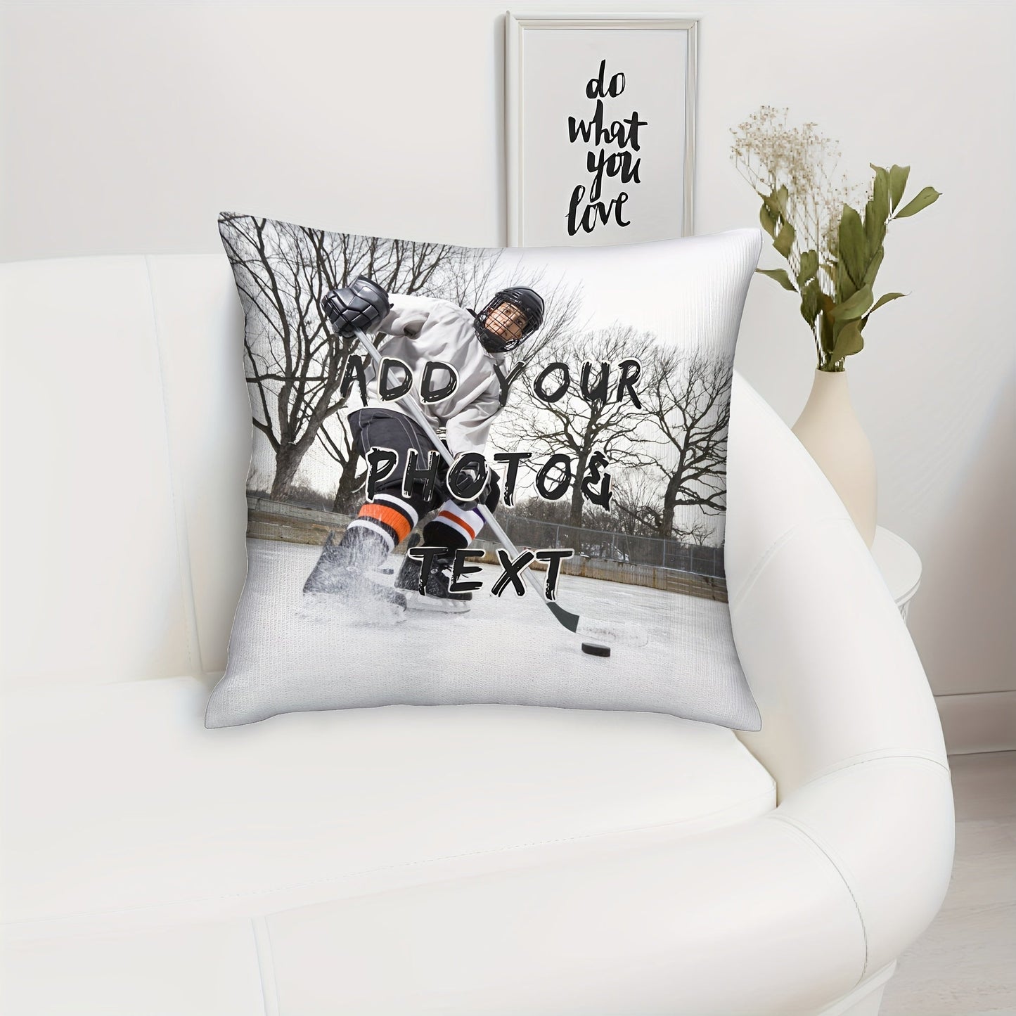 Personalized Ice Hockey Player Photo Pillow Cover, 45.72x45.72 cm, Soft Plush Pillow for Valentine's Day, Christmas, Thanksgiving, Anniversary, Single-Sided Design, Insert not included - Mixed Colors