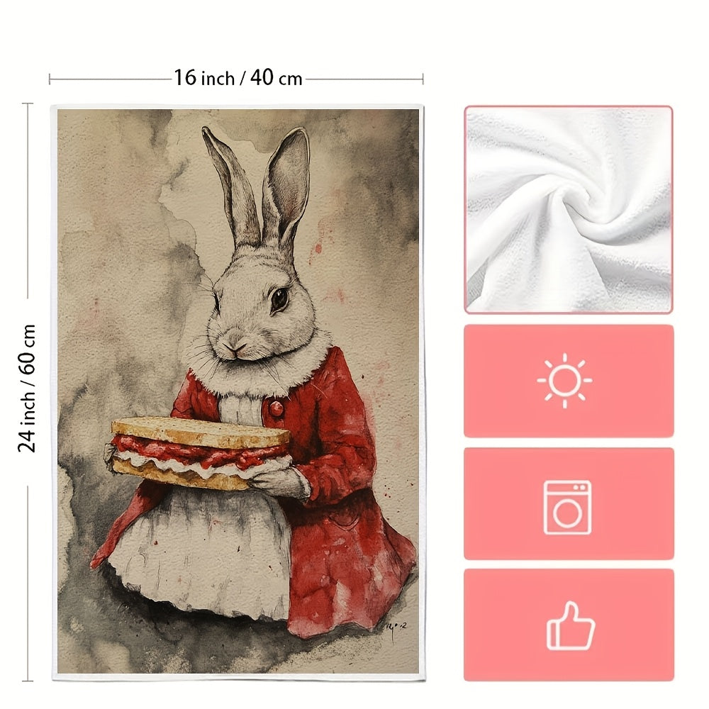 Set of 2 Adorable Rabbit Sandwich Illustration Kitchen Towels - Made of Ultra Soft and Highly Absorbent Polyester Material, Easy to Clean in Washing Machine, Size: 40.64x60.96 cm - Ideal for Decorating during the Holidays, Cute and Funny Addition to your