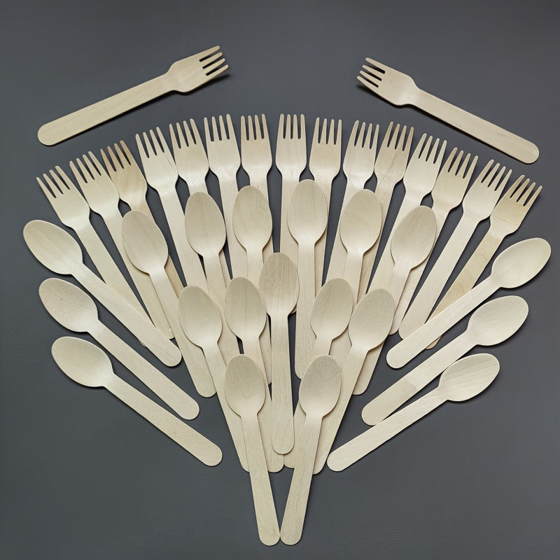 Package of 100 beautifully crafted 14.0cm Birch Wood Biodegradable Disposable Wooden Spoons and Forks, with 50 of each included. Perfect for a variety of occasions such as parties, festivals, birthdays, weddings, home decoration, camping, picnics