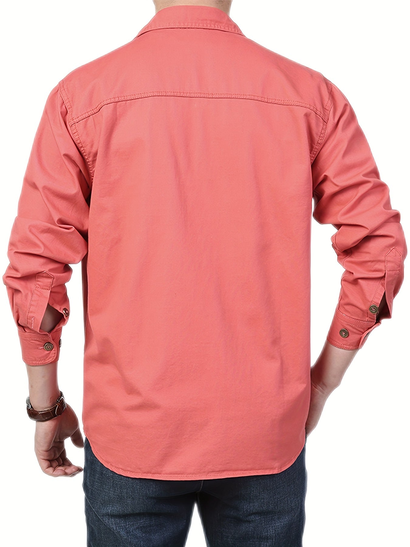 Casual cotton cargo shirt for men, with square neck, regular fit, solid color, 100% non-stretch woven fabric, suitable for spring/fall season, featuring pockets - 170g/m².