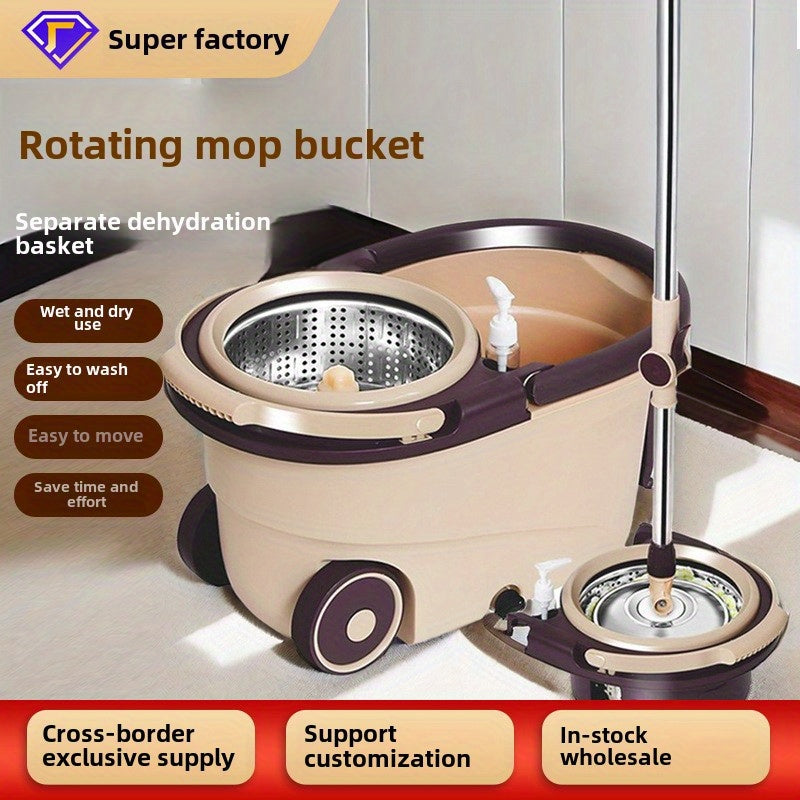 Spin mop and bucket set with detachable dehydration basket, hands-free washing, manual press system with wheels, suitable for cleaning living room, bedroom, bathroom, glass, and floors.