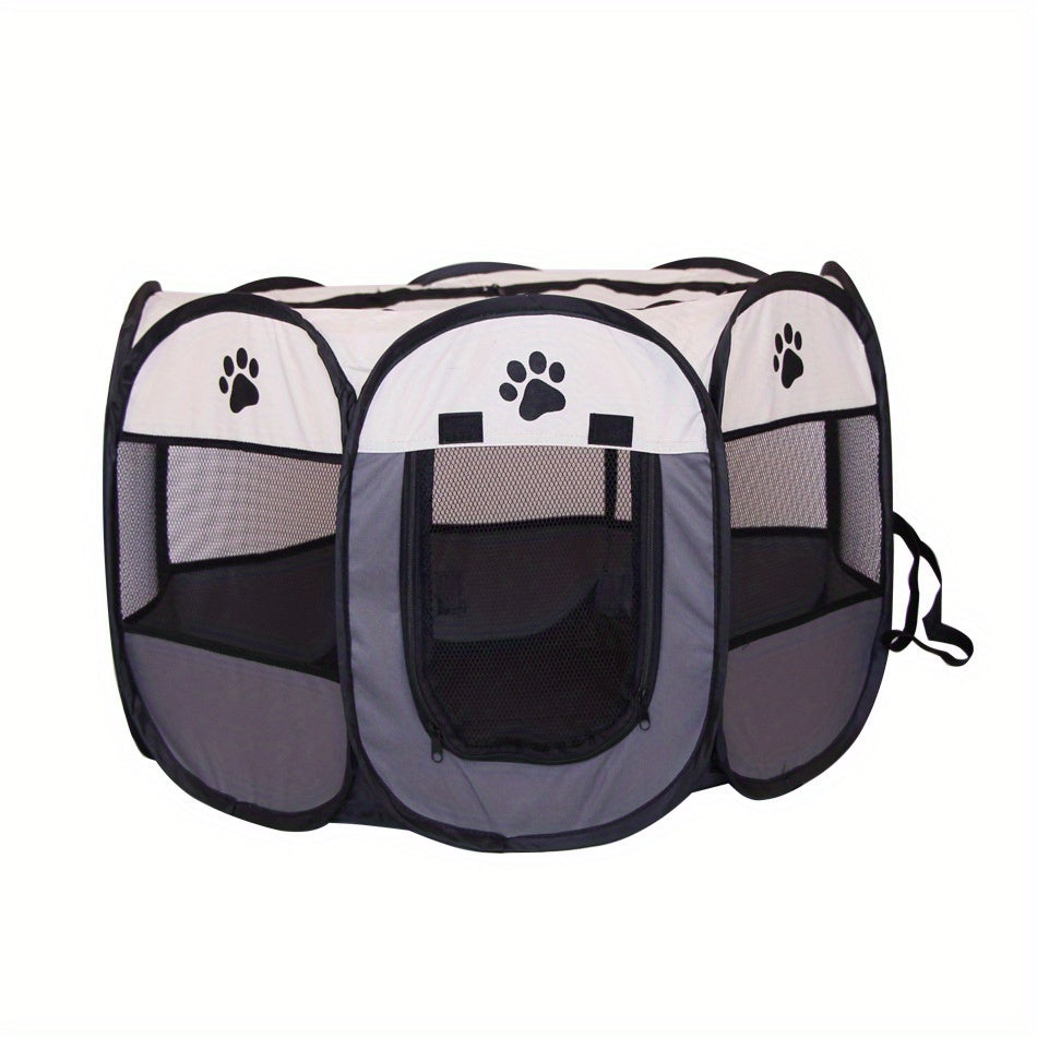 Foldable cat tent bed made of durable polyester with paw print design, zippered door for indoor/outdoor use.