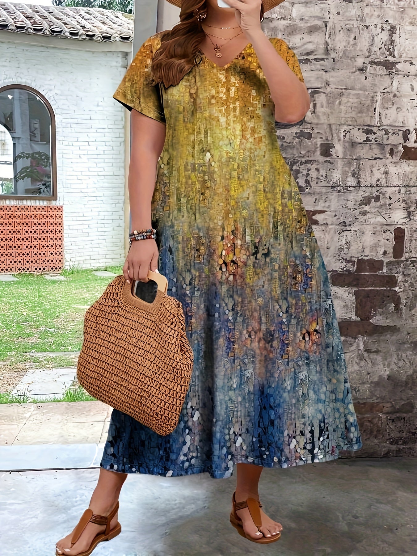 Floral print plus size dress for spring and summer, casual V neck style.