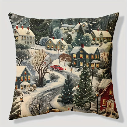 Christmas Eve snow scene linen throw pillow cover, 44.96cm x 44.96cm, zippered and machine washable for sofa, living room, and bedroom decor.