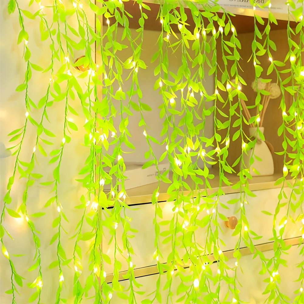 Green willow leaf LED string lights, battery operated, 2M/5M, plastic, suitable for room decor, weddings, and holidays, batteries not included.