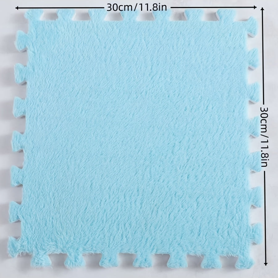 12 pieces of flocked carpet splicing mats for home, bedroom, and cartoon square flooring, measuring 11.8*11.8 inches. These mats are anti-slip, beautiful, and also anti-fatigue.