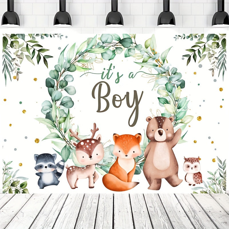 Woodland Baby Shower Background featuring green garland, fox, bear and wild animals for boy baby shower photography.