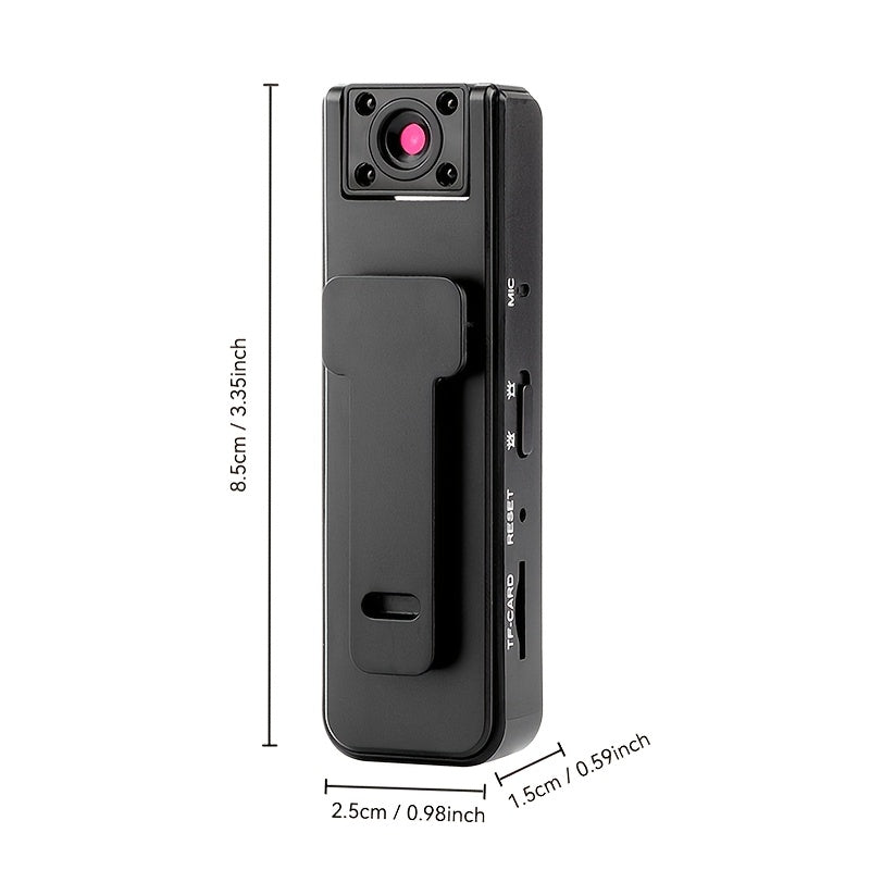 Mini wireless hidden camera with infrared night vision for sports, meetings, transportation, travel, and sports recording. 1080p video capture, USB rechargeable battery, and adjustable