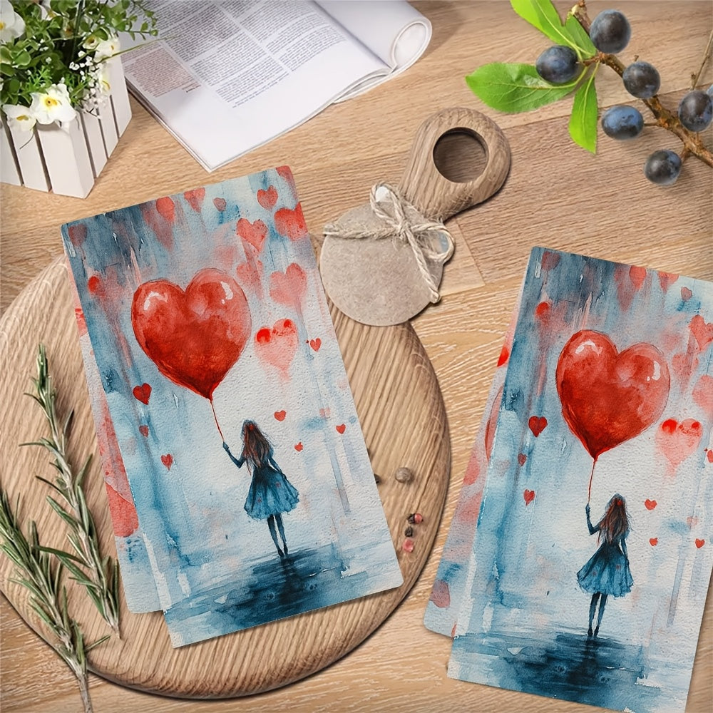 2 Romantic Heart Balloon Kitchen Towels - Made with Ultra Soft and Highly Absorbent Polyester Material, 40.64x60.96 cm in size. These machine washable dish hand towels are perfect for Valentine's Day decor and everyday use.