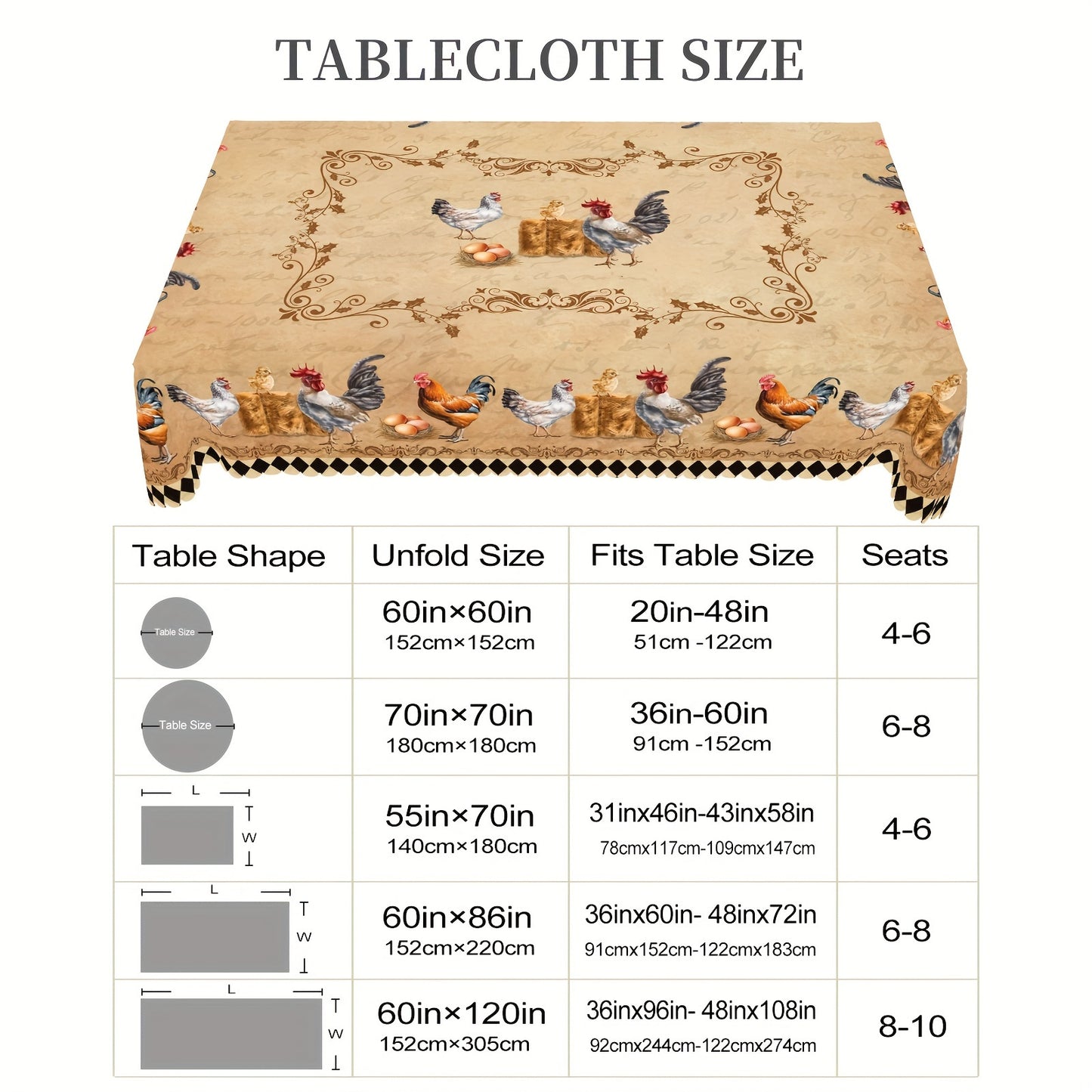 Retro farmhouse tablecloth featuring rooster, chick, and egg prints for daily use in homes, restaurants, terraces, picnics, and courtyards. Suitable for indoor and outdoor settings. Great gift for family and friends.