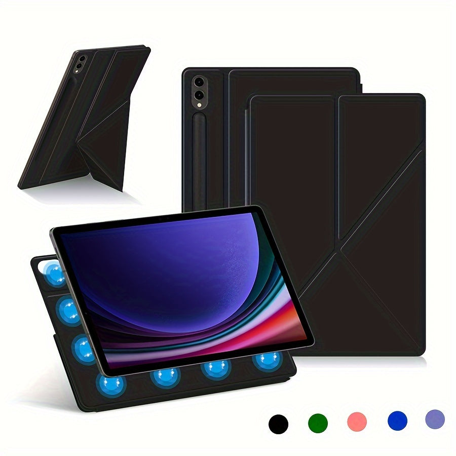 Samsung Galaxy Tab S9+/S9 FE+ Smart Book Cover with magnetic closure, pen slot, horizontal and vertical support, and faux leather PU material.