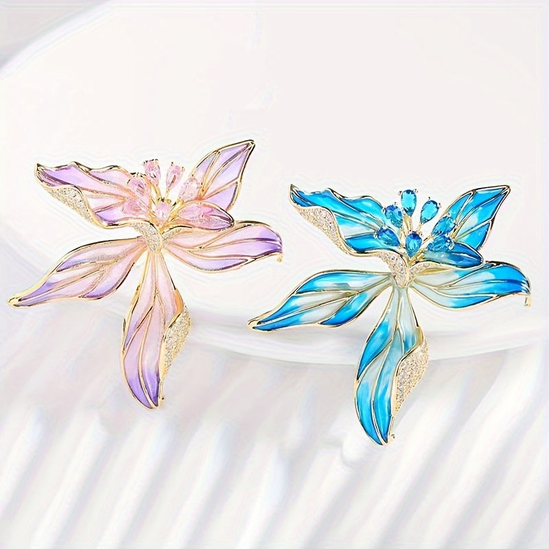 Vintage-inspired alloy flower pin with elegance enamel orchid and sparkling zirconia, perfect for suits and dresses.