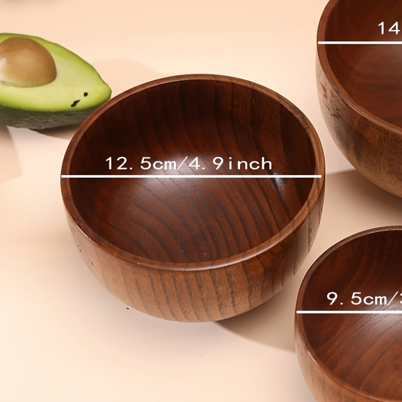 Acacia wooden bowl for rice, soup, noodles; durable and suitable for indoor and outdoor use, anti-scald; daily kitchen tableware.