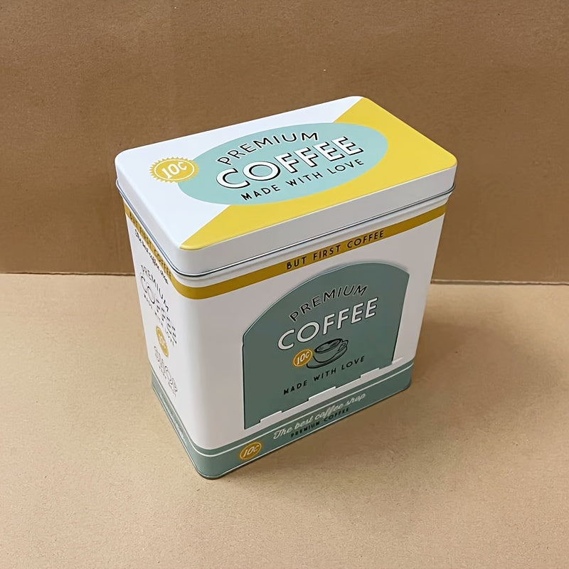 Vintage American style metal coffee tin can dispenser with side opening and rectangular desktop storage box for home and office use.