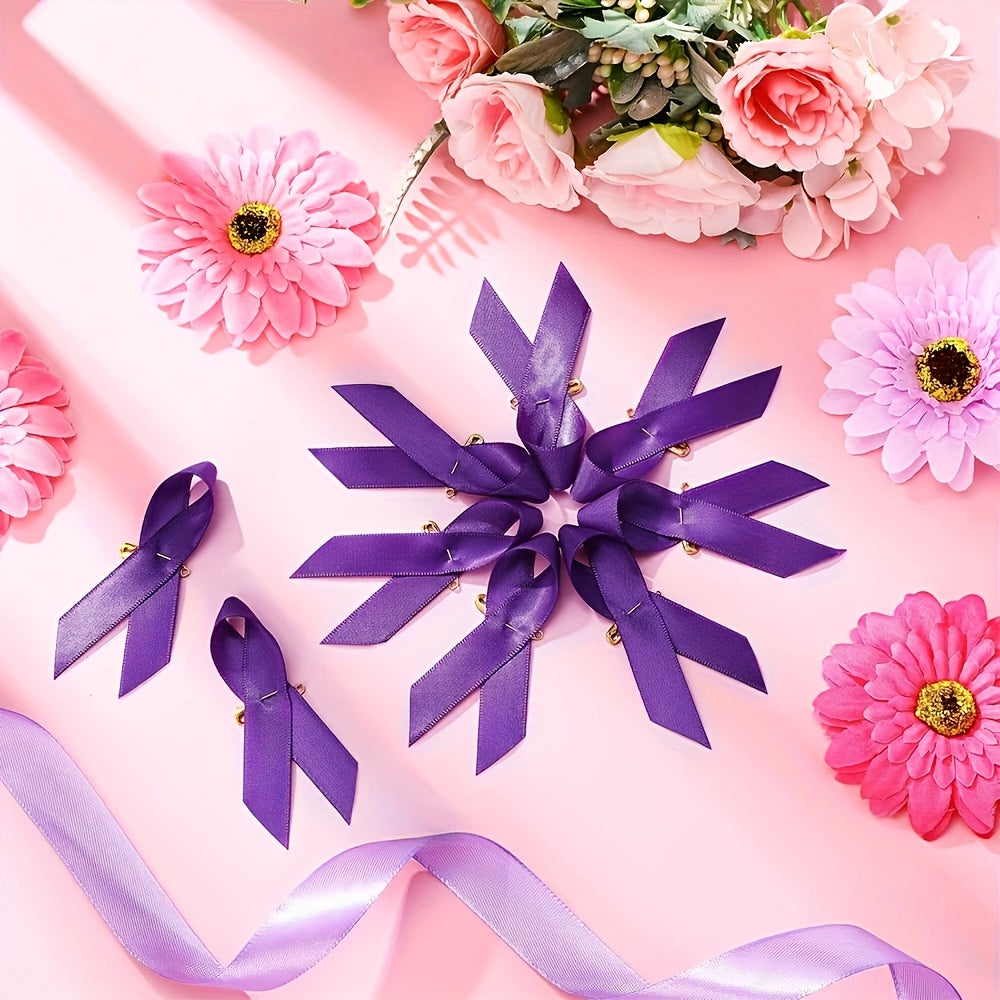 100 purple ribbon pins designed for raising awareness for pancreatic cancer, domestic violence, lupus, Alzheimer's, and cancer consciousness. These safety pin brooches are perfect for charity public events and serve as women's novelty accessories in a