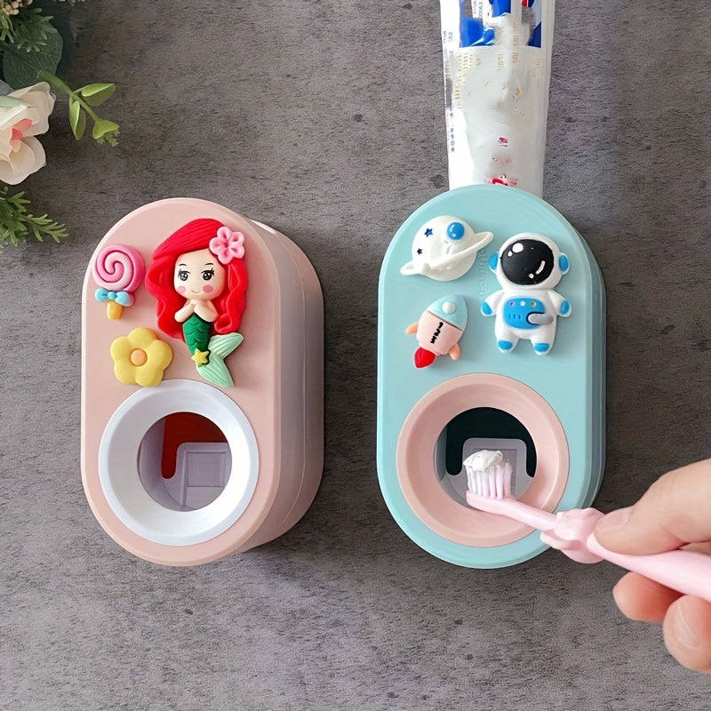 Automatic toothpaste extruder in cartoon dinosaur design, wall-mounted toothpaste holder for bathroom.