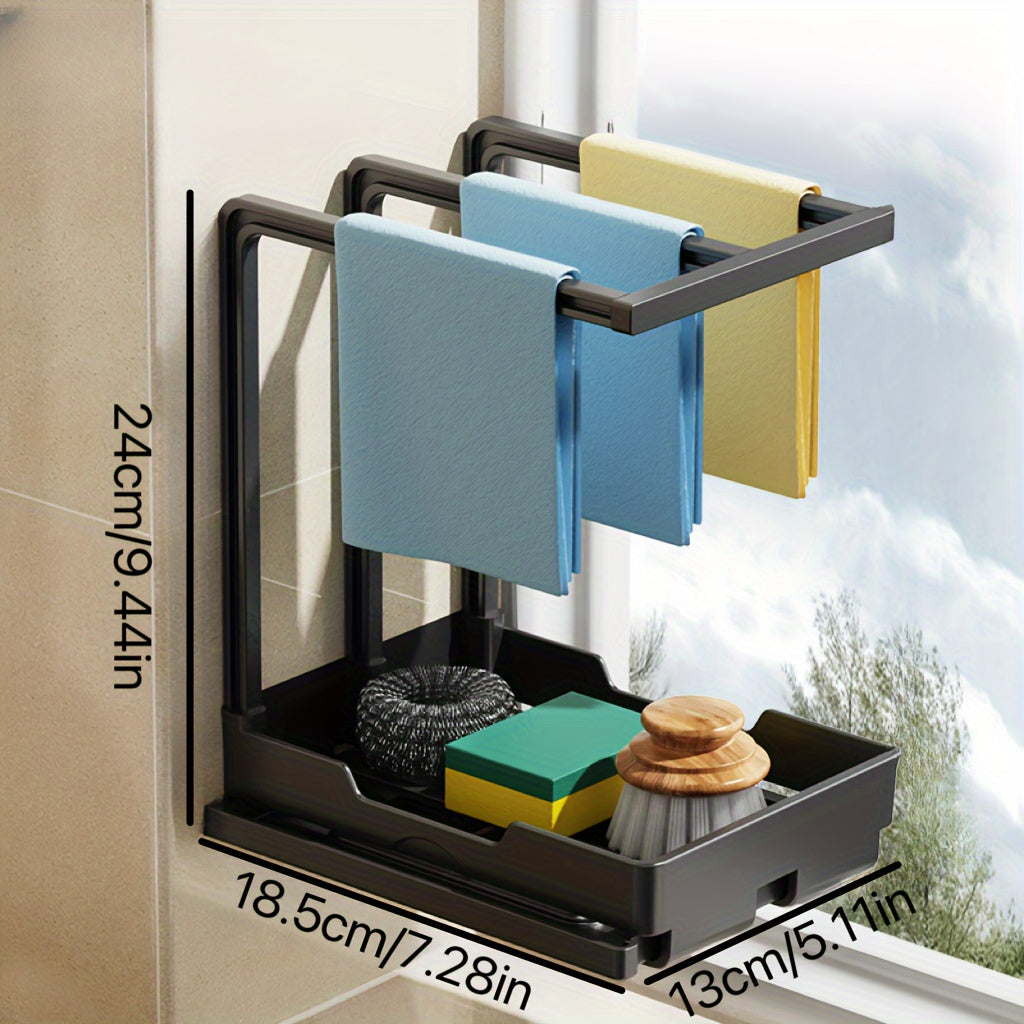 Durable wall-mounted dish cloth and sponge holder with drainable shelf for kitchen and bathroom organization. Perfect for neatly storing sponges and dishcloths, keeping your countertop clutter-free. Ideal for home organization and storage.