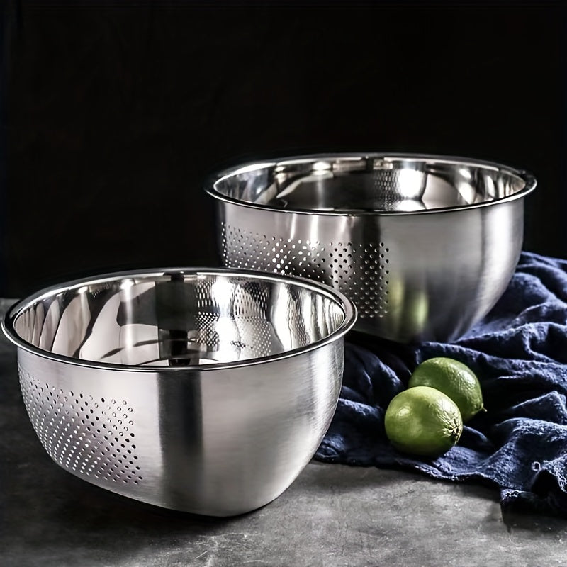 A durable stainless steel colander with fine mesh for straining, featuring a slant bottom draining bowl perfect for washing rice, vegetables, fruits, beans, and pasta. This kitchen colander is designed for quick draining with food-safe materials.