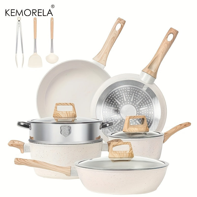 12-Piece Nonstick Cookware Set from KEMORELA - Aluminum Pots and Pans for Your Kitchen with Induction Base, Complete with Frying Pan, Saucepan, Steamer, Silicone Utensils & Tongs - Free of PFAS, PFOA, Lead, and Cadmium