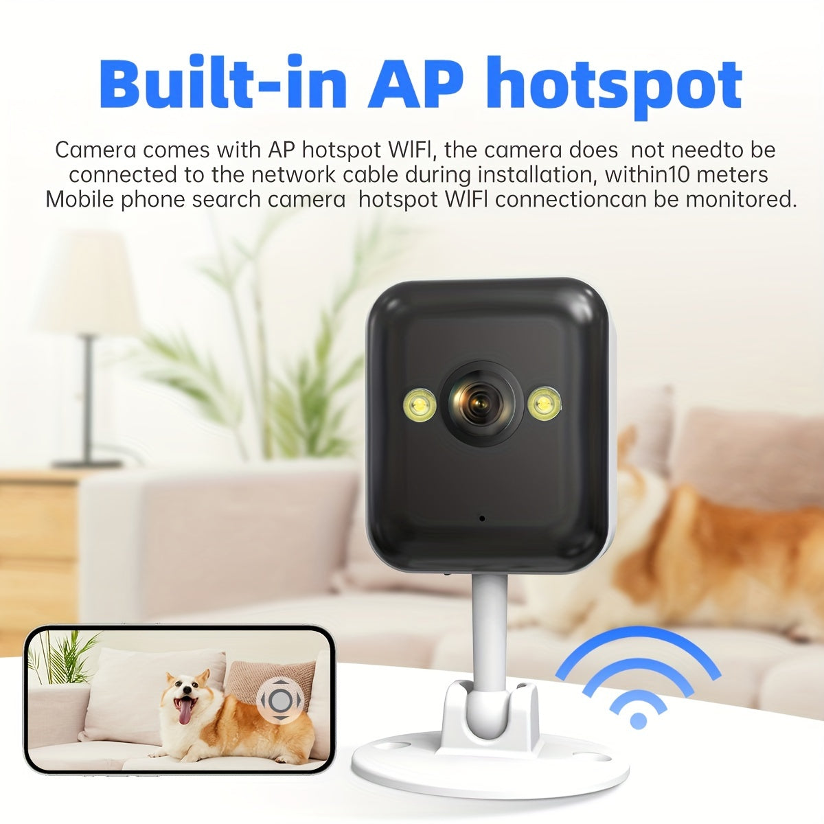 The JOOAN 1pc 1080P Full HD Security Camera features Color Night Vision, Dual-Way Audio, Motion Detection, Built-in AP Hotspot, Mini Indoor/Outdoor Camera, Wall-Mounted design, USB Powered, Compatible with Apple HomeKit, Smartphone Control, 36V Max