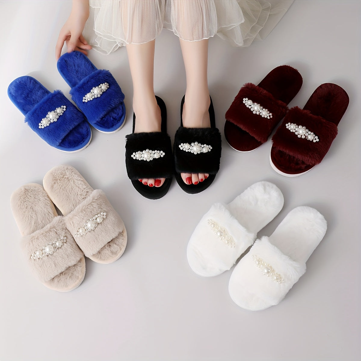 Stylish Faux Pearl Home Slippers with Plush Lining and Non-slip Sole