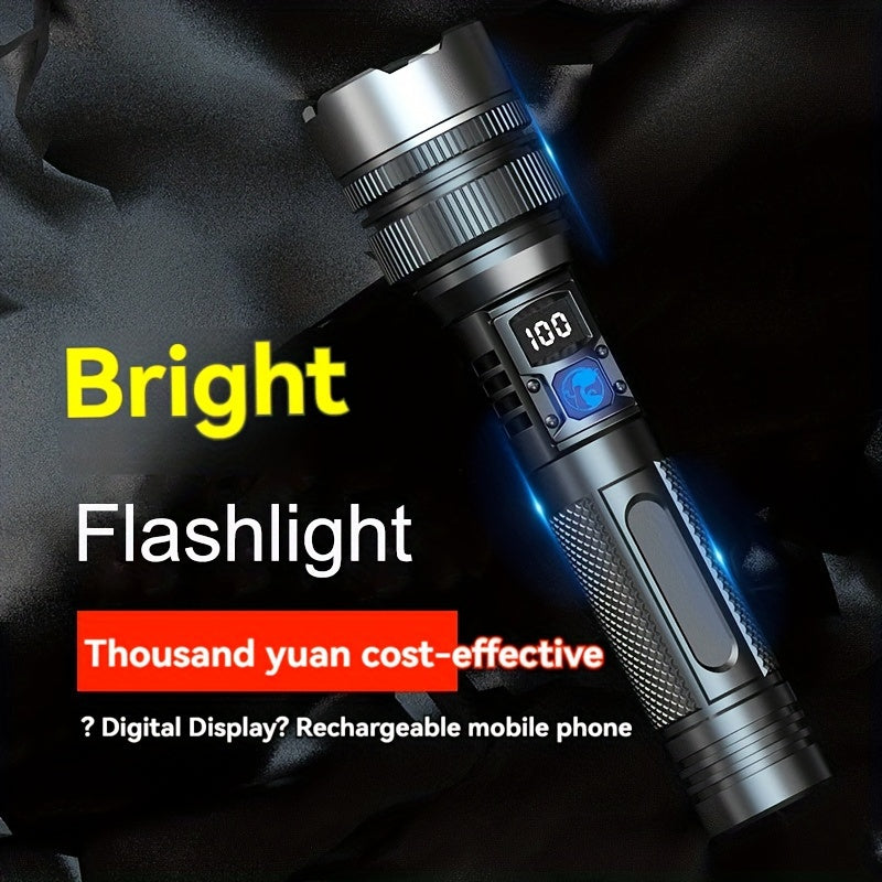 USB rechargeable, high-power aluminum alloy flashlight with digital display for outdoor emergencies.