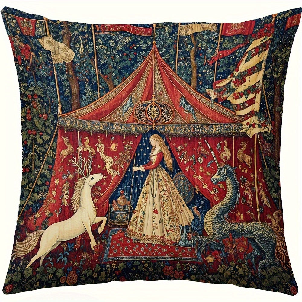 Decorative Pillow Cover featuring a Medieval Lady and Mythical Creatures design - Double-Sided Print, Zipper Closure, made of Polyester, perfect for Adult Home Decor, great for Valentine's Day, Halloween, and Christmas. Product code: QYH7-136