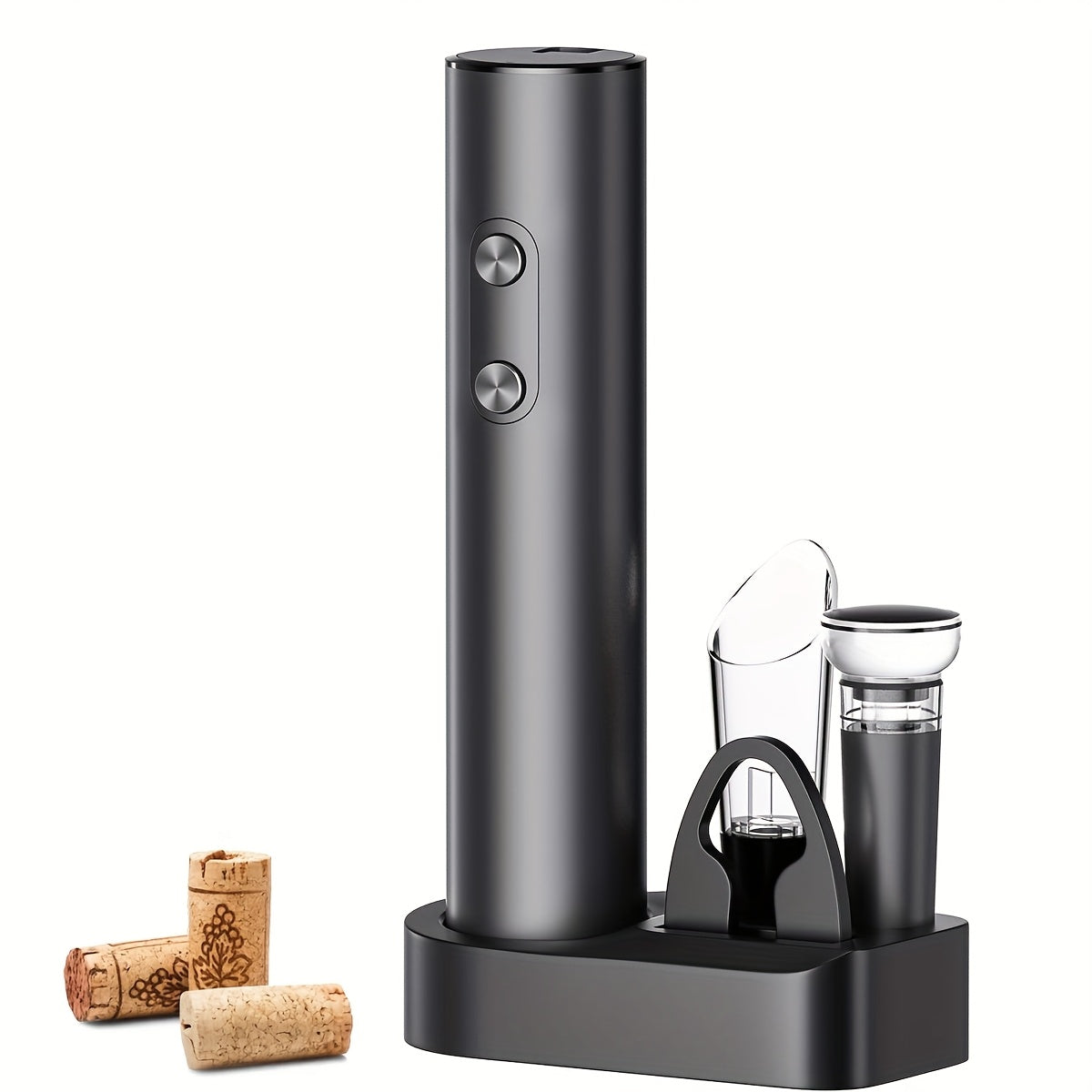 Electric wine opener set includes foil cutter and vacuum seal; battery-powered and easy to store; ideal for home bars and restaurants.