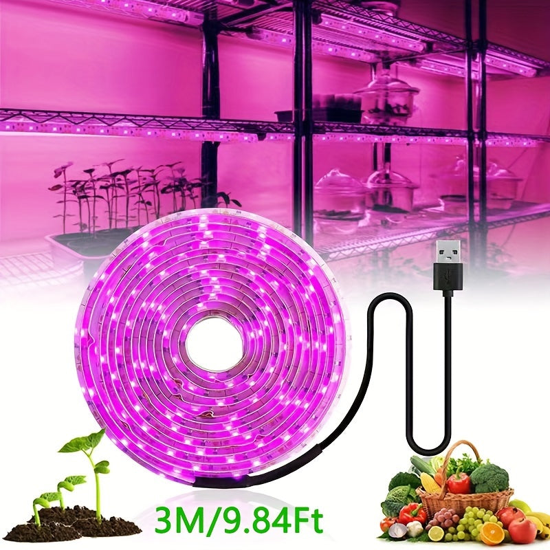 Fitolampy Full Spectrum LED Grow Light Strip emits pink light ideal for indoor and greenhouse plant growth, with 60 Lumens/m and USB powered.