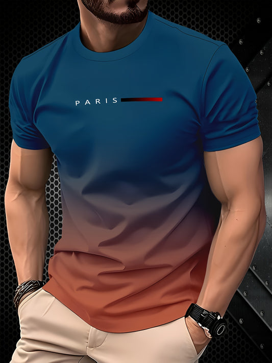 Men's breathable gradient color t-shirt with "PARIS" print, stylish short sleeve for casual comfort.